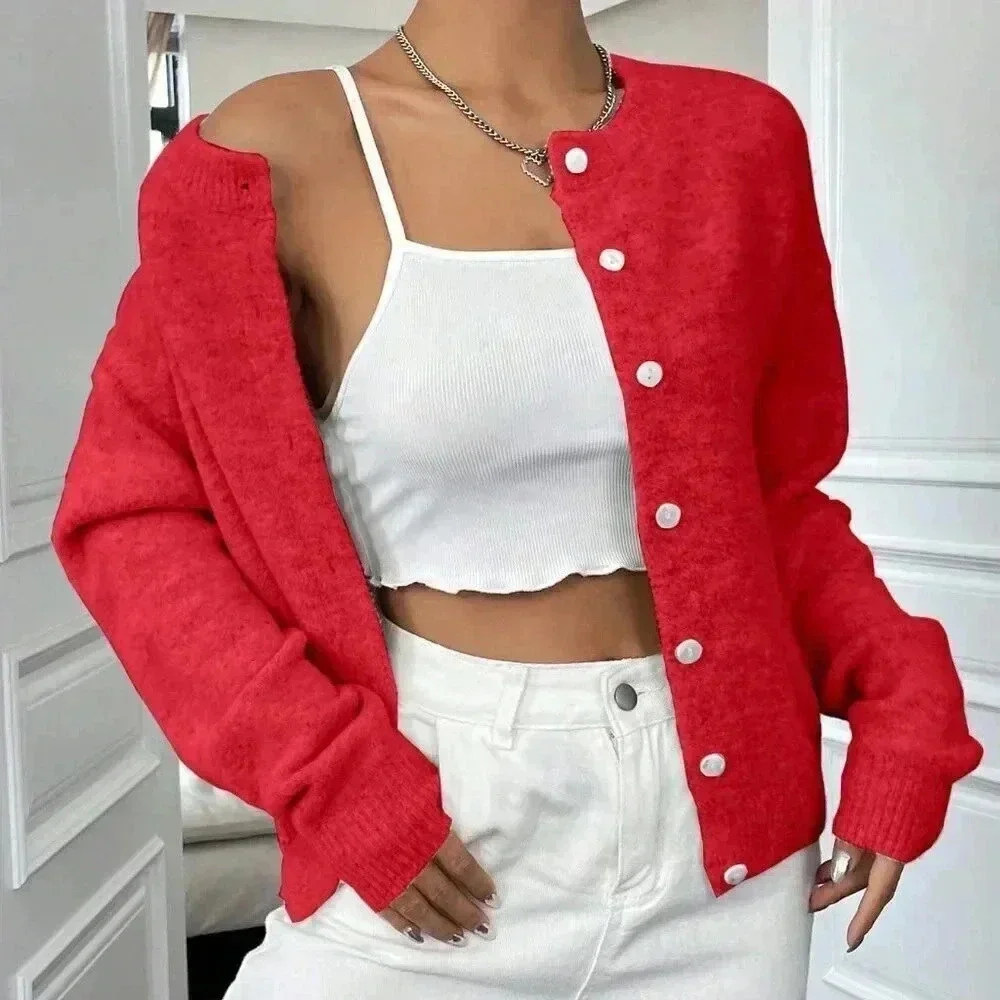 Red Casual Women's Loose Cardigan - Picture 7 of 8